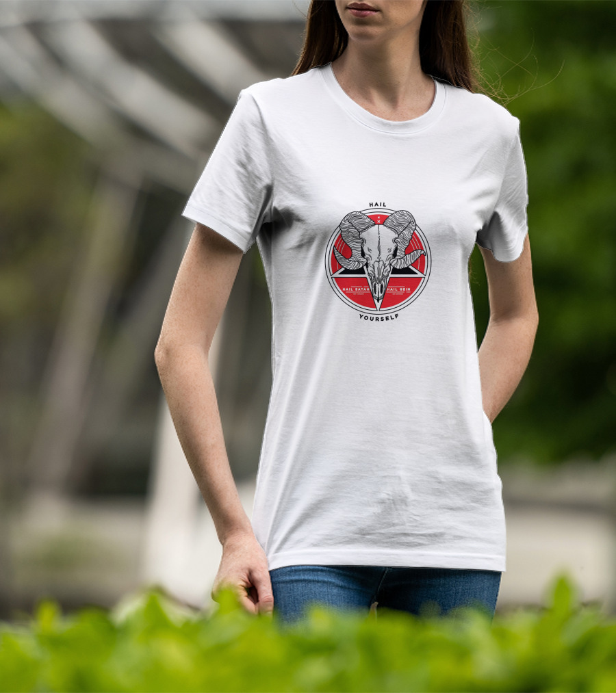 Hail Yourself Last Podcast Hail Satan Hail Gein Ram Skull Red Pentagram T-Shirt