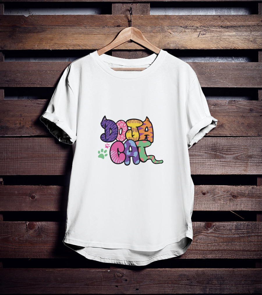 Doja Cat Colorful Patterned Text With Cat Ears And Paw Prints T-Shirt