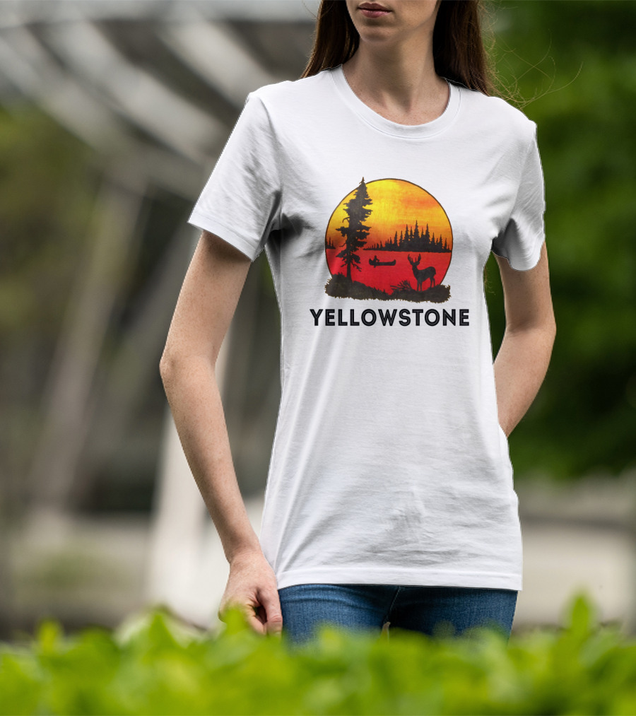Yellowstone Sunset Scene With Canoe And Deer T-Shirt