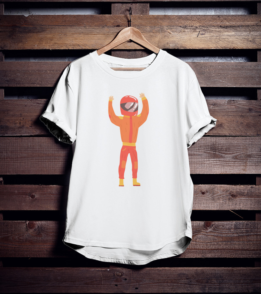 Man In An Orange Racing Suit With Helmet And Raised Arms T-Shirt