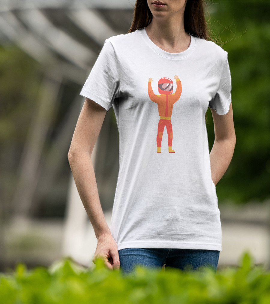 Man In An Orange Racing Suit With Helmet And Raised Arms T-Shirt