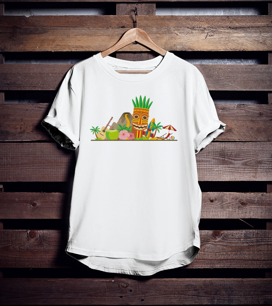 Hawaiian Tiki Mask Surfboards And Ukulele Tropics T-Shirt