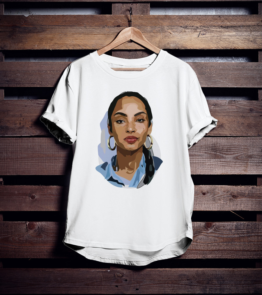 Sade Adu Portrait With Blue Shirt And Hoop Earrings T-Shirt