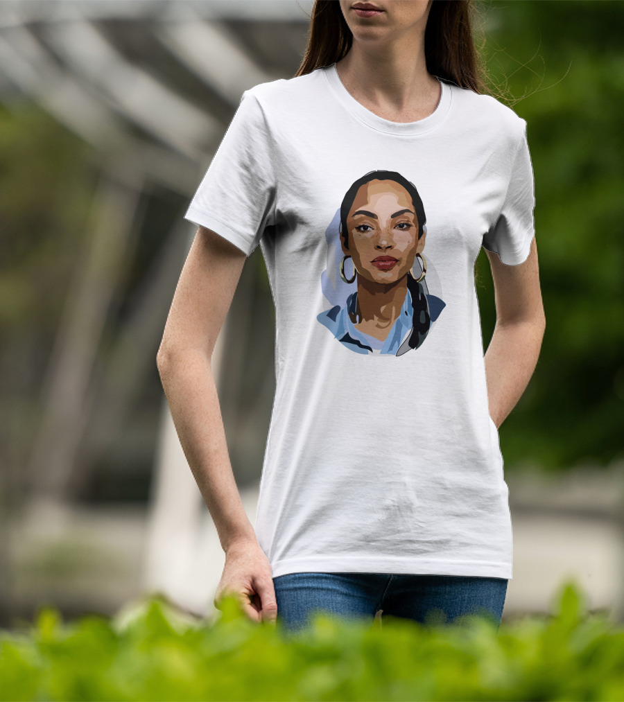 Sade Adu Portrait With Blue Shirt And Hoop Earrings T-Shirt