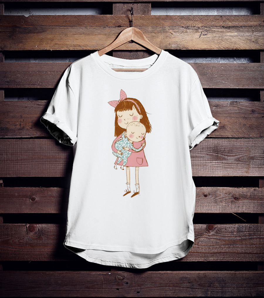 Big Sister Embracing Baby With Pink Bow Matching T-Shirt