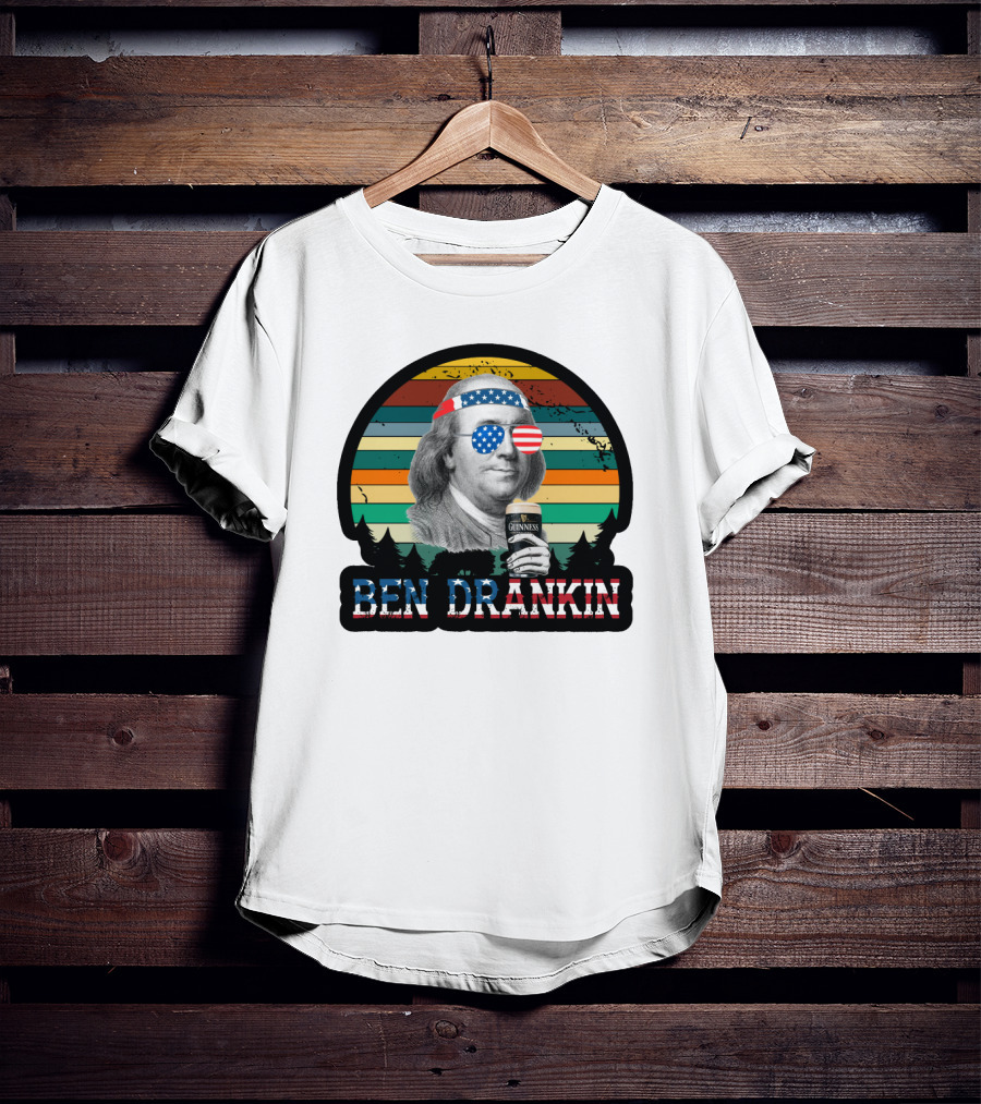 Ben Drankin American Patriotic Sunglasses Benjamin Franklin With Beer And Stripes T-Shirt