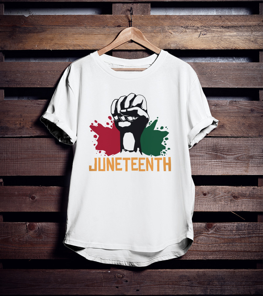 JUNETEENTH Raised Fist With Red Black Green Paint Splashes T-Shirt