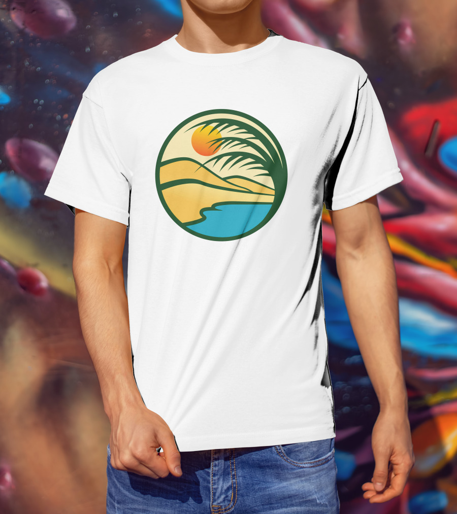 Oasis Desert Sunset With Palm And Water Scene T-Shirt