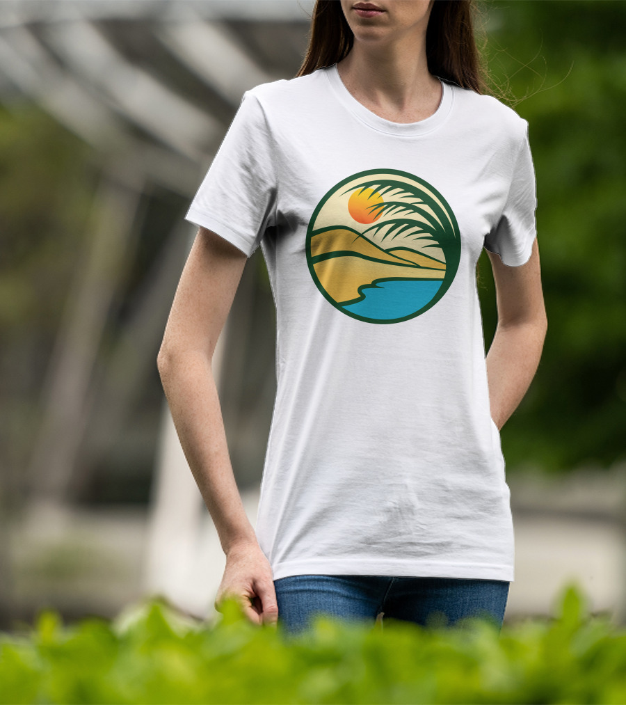 Oasis Desert Sunset With Palm And Water Scene T-Shirt
