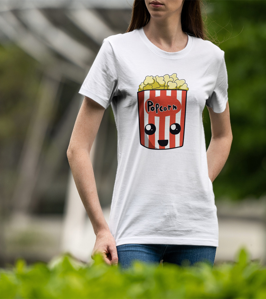 Popcorn Box Cute Kawaii Face Red White Stripes T-Shirt
