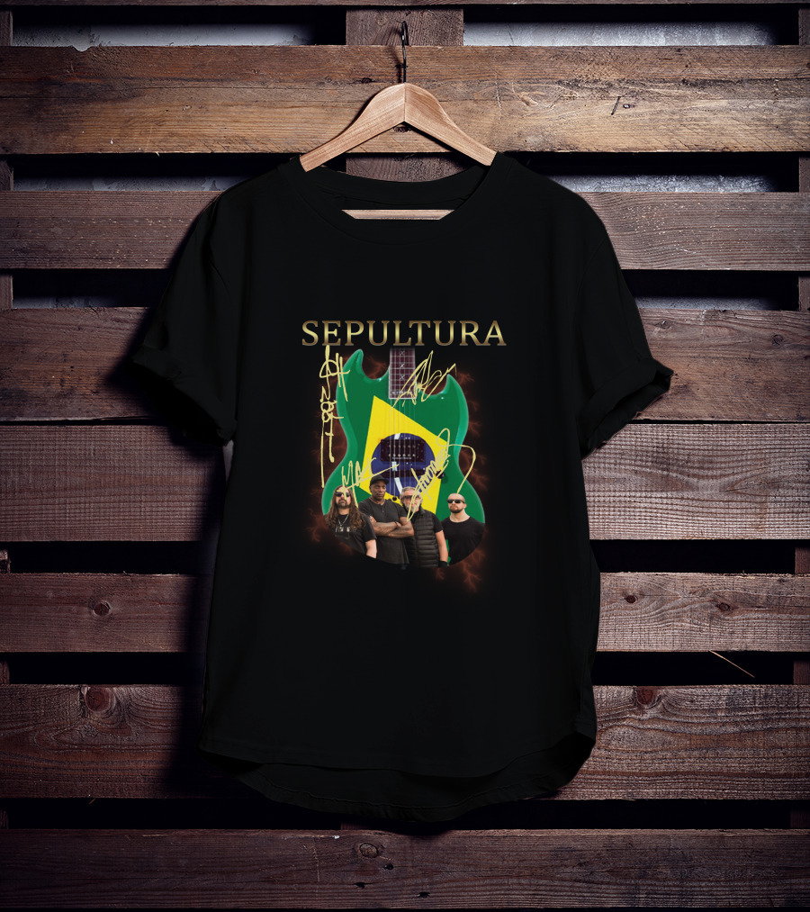 SEPULTURA Brazil Flag Guitar With Band Signatures T-Shirt