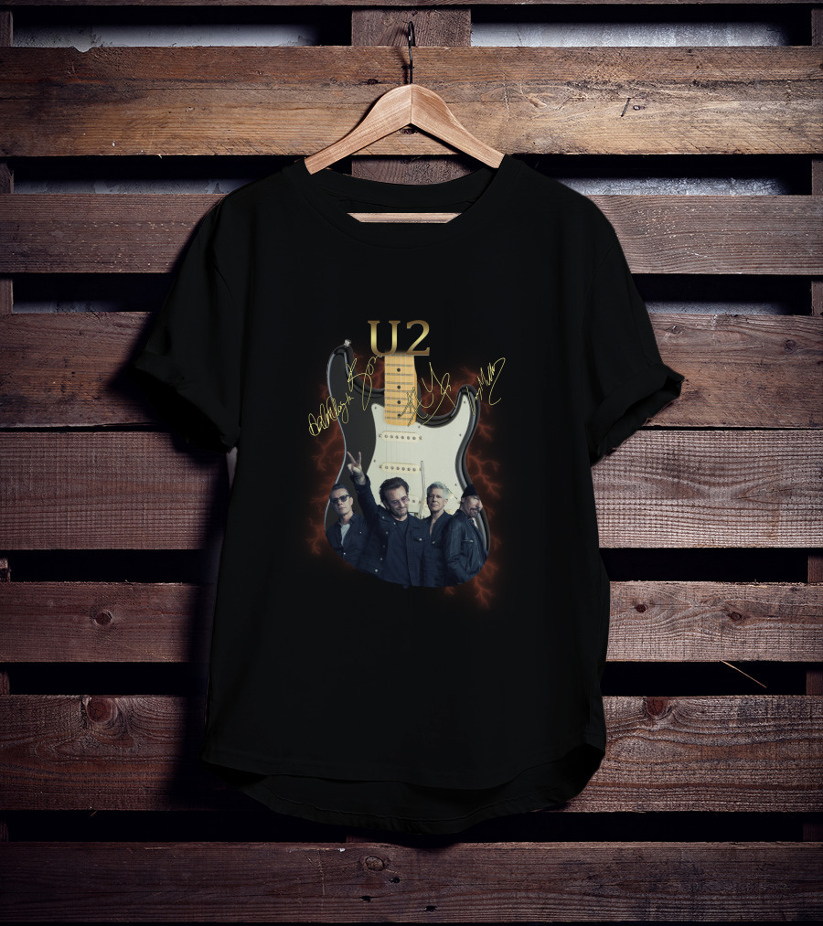 U2 Signed Electric Guitar With Band Image T-Shirt