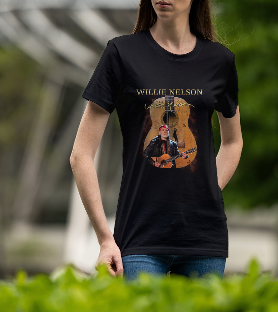 WILLIE NELSON Signature Guitar Image With Willie Playing T-Shirt