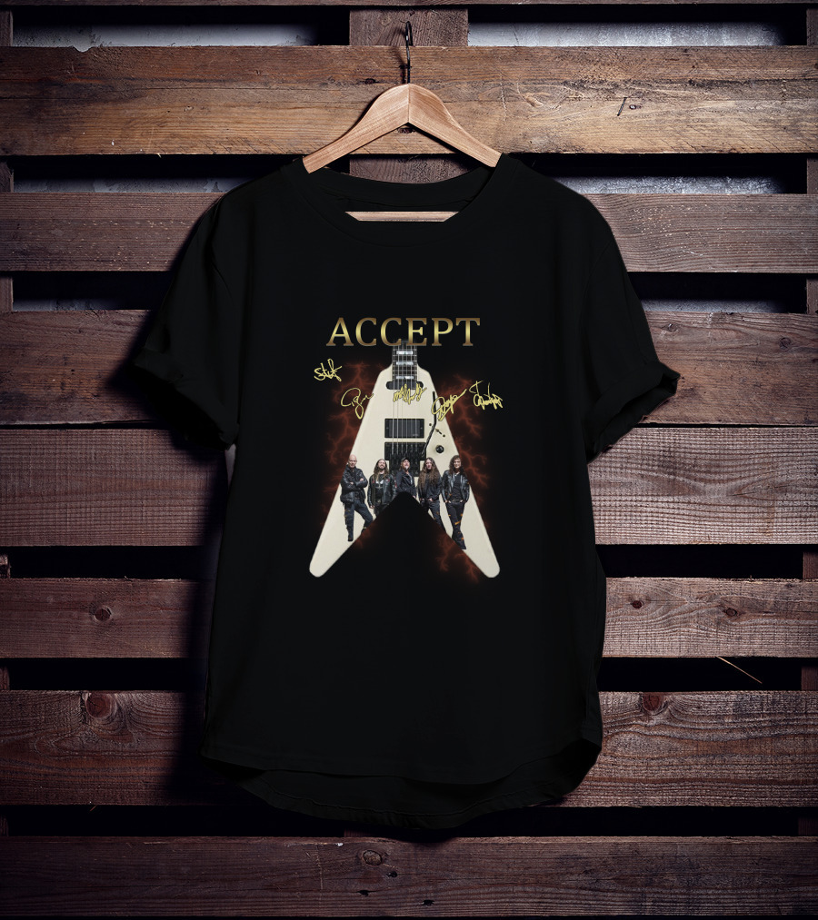 Accept Band Signature Guitar With Group Portrait And Lightning Effects T-Shirt