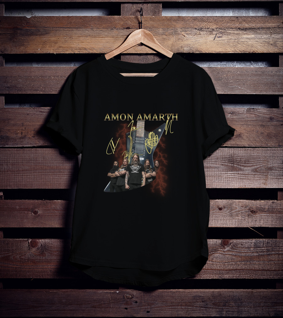 Amon Amarth Band Signatures With Guitar And Group Photo T-Shirt