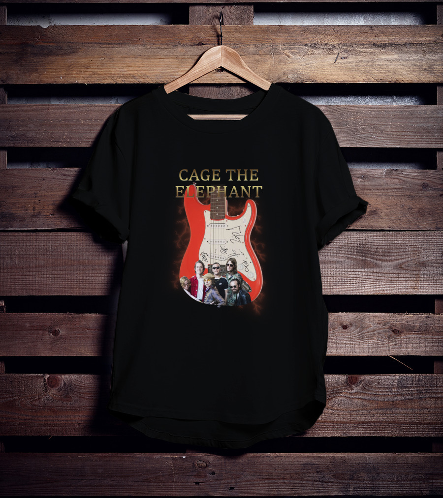 Cage The Elephant Red Electric Guitar Signatures And Band Montage T-Shirt