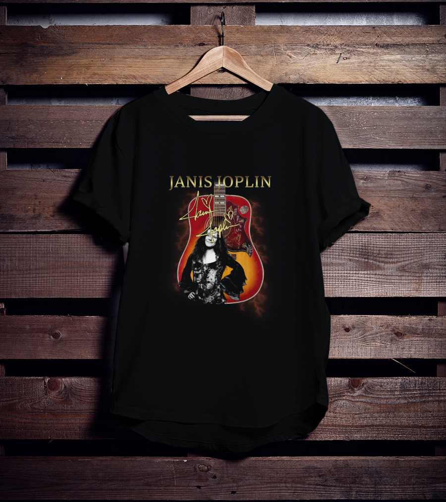 Janis Joplin Signature Guitar With Portrait And Lightning Effects T-Shirt