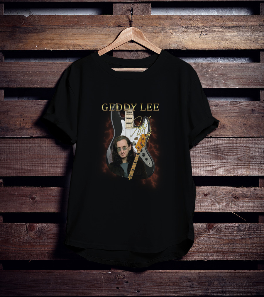 GEDDY LEE Signature Guitar Image With Electric Bass Lightning Effect T-Shirt