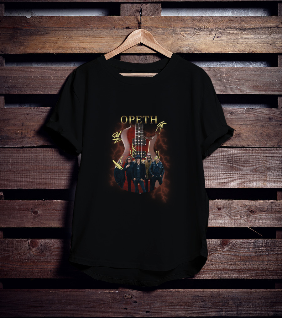 Opeth Signed Guitar With Band Members And Lightning Background T-Shirt