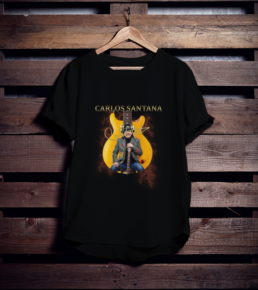 Carlos Santana Signature With Yellow Electric Guitar And Lightning Background T-Shirt