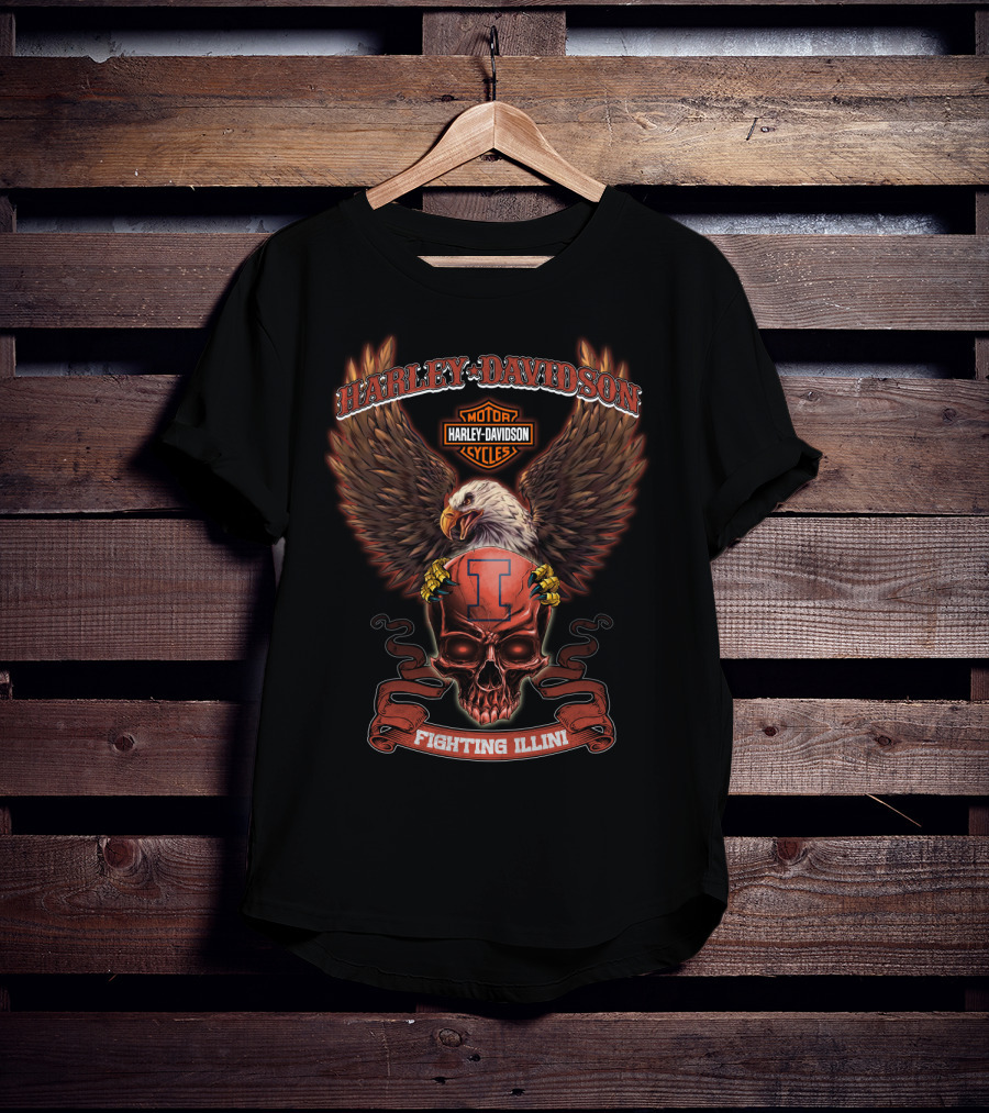 Harley Davidson Motor Cycles Eagle Skull Fighting Illini T-Shirt