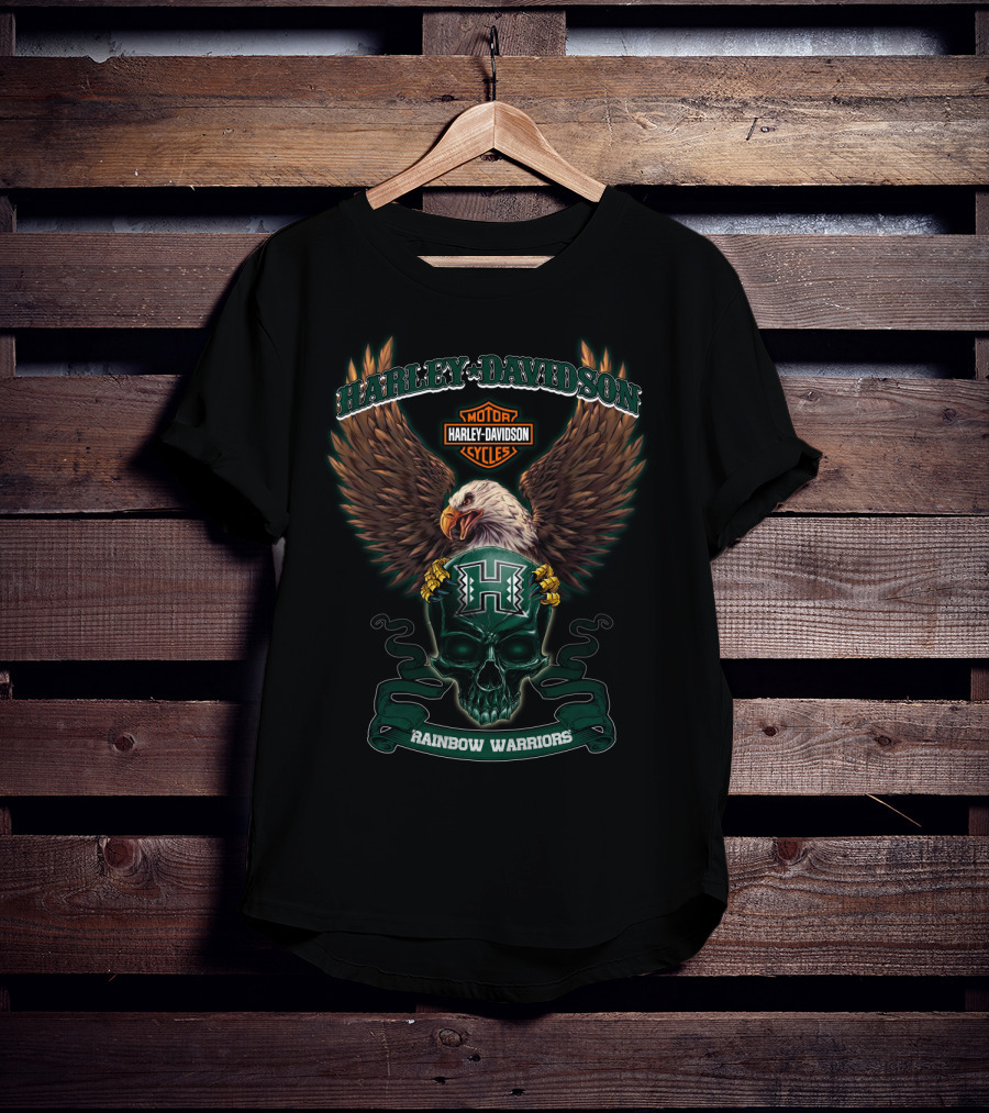 Harley Davidson Motor Cycles Hawaii Rainbow Warriors H Eagle Skull T-Shirt
