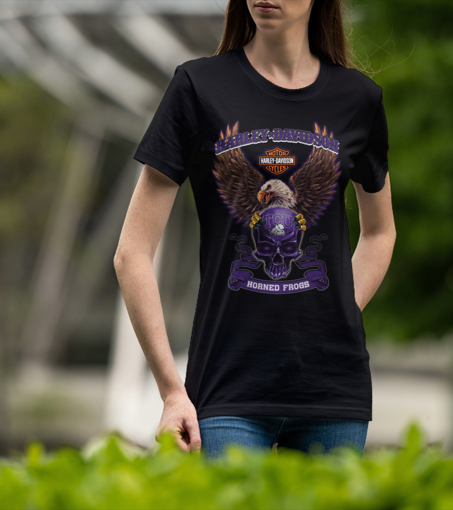 Harley Davidson Motorcycles Tcu Horned Frogs Eagle Skull T-Shirt