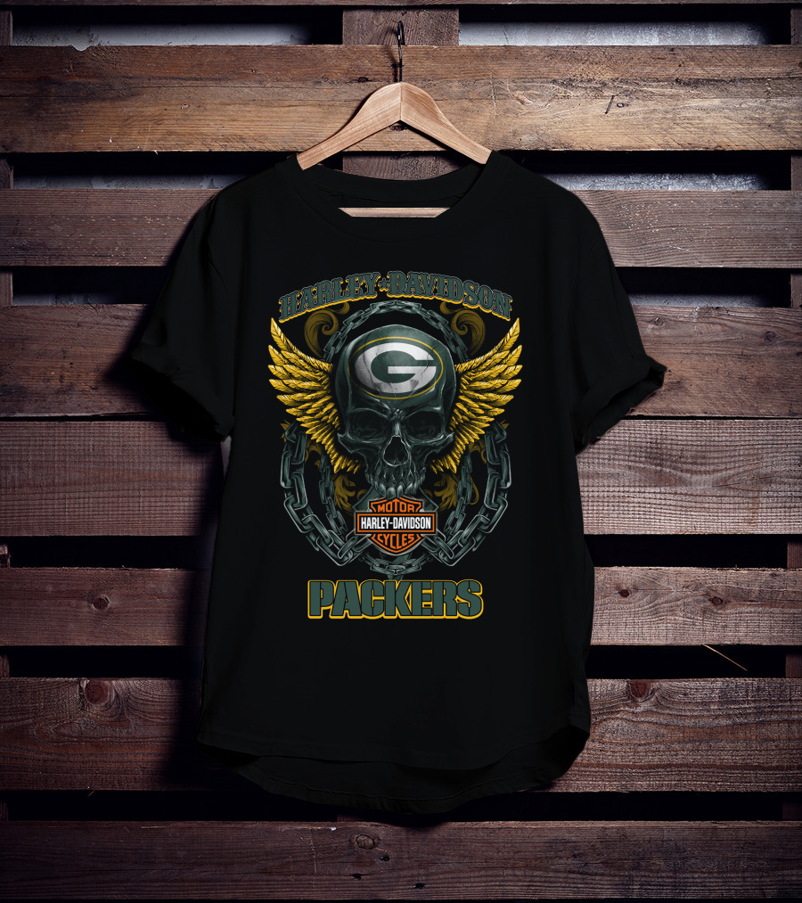 Harley Davidson Motorcycles Green Bay Packers Skull And Wings T-Shirt