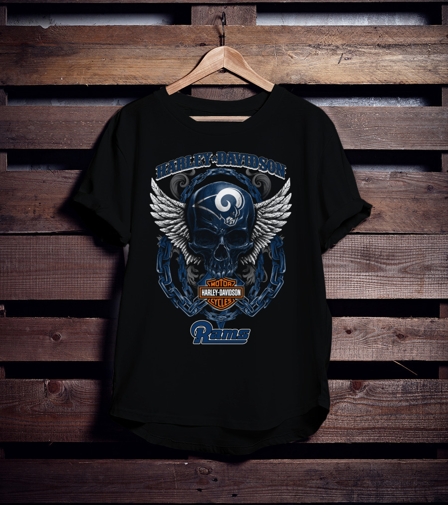 Harley Davidson Los Angeles Rams Skull Wings Motorcycles T-Shirt