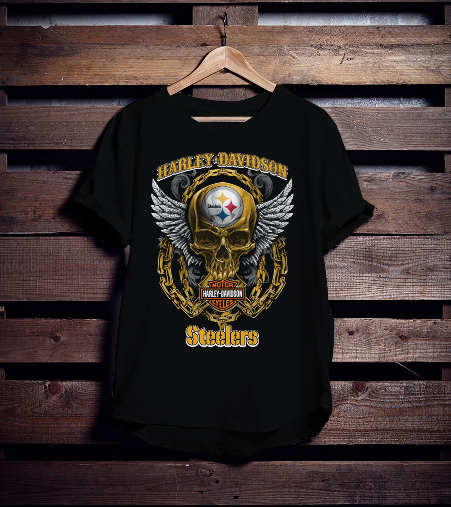 Harley Davidson Motor Cycles Steelers Skull Winged Chain T-Shirt