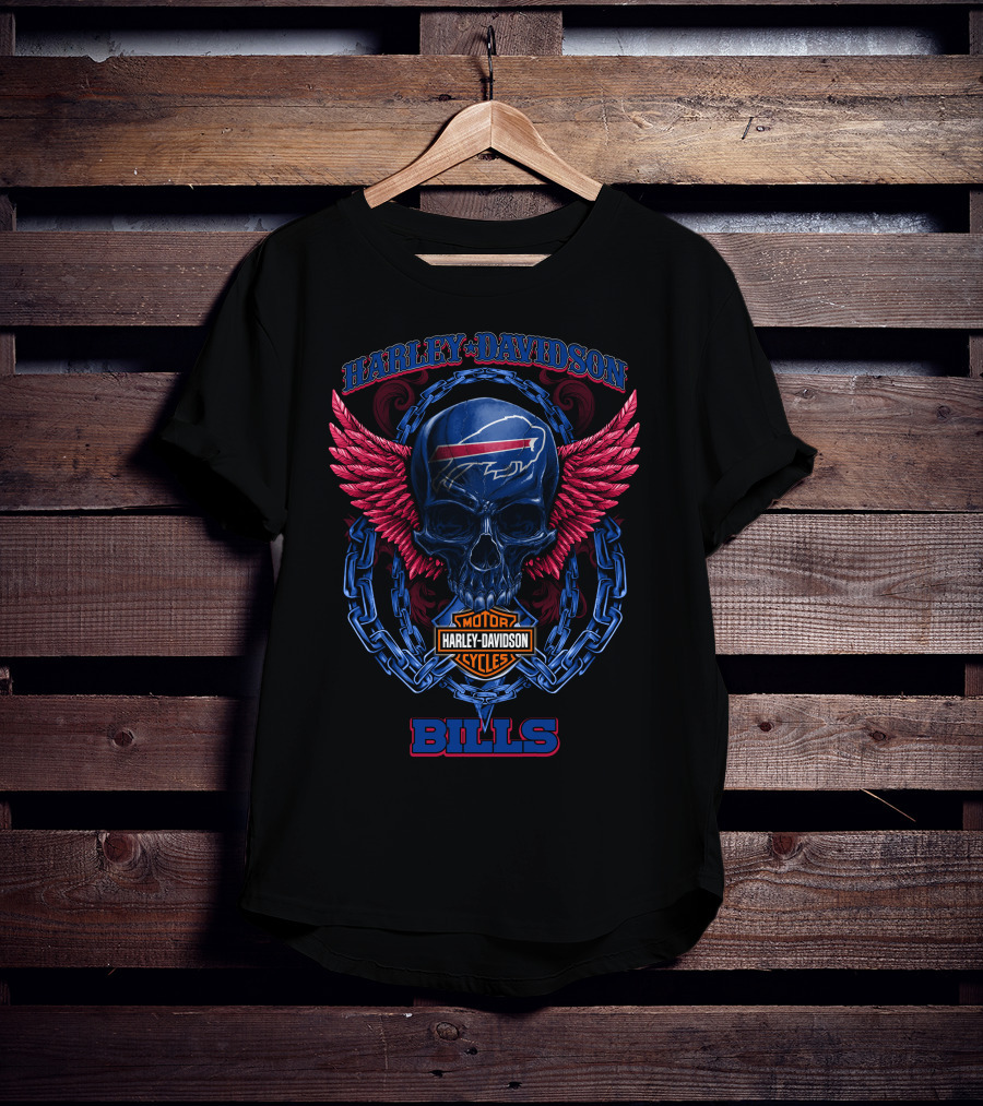 Harley Davidson Buffalo Bills Motor Cycles Skull Wings T-Shirt