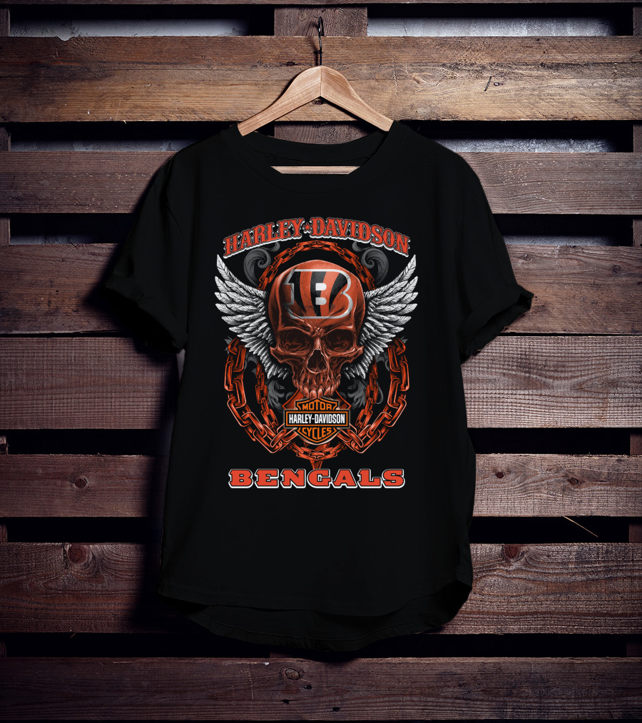 Harley Davidson Cincinnati Bengals Motorcycles Winged Skull Chain T-Shirt