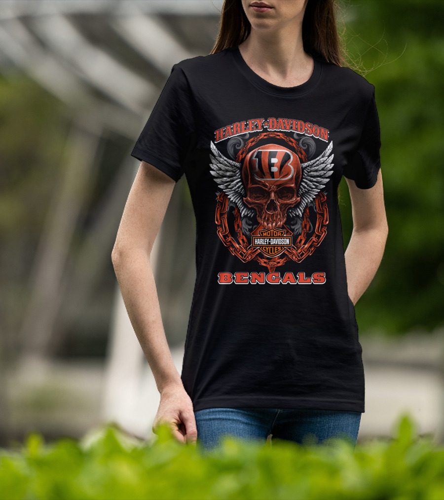 Harley Davidson Cincinnati Bengals Motorcycles Winged Skull Chain T-Shirt