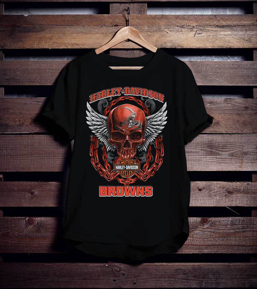 Harley Davidson Motorcycles Cleveland Browns Winged Skull T-Shirt