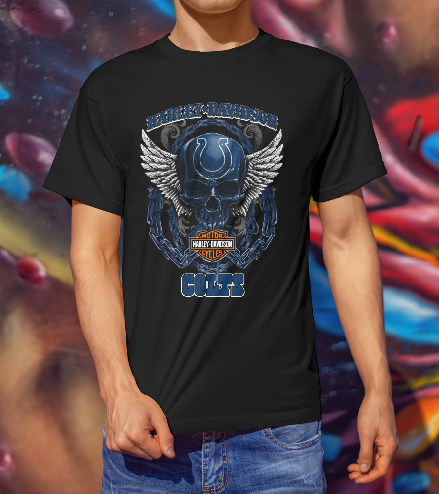 Harley Davidson Motor Cycles Indianapolis Colts Skull With Wings T-Shirt
