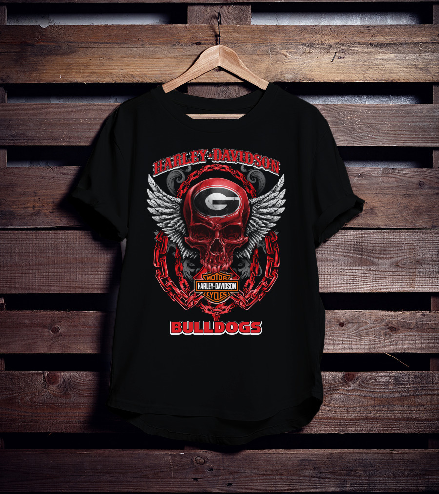 Harley Davidson Motorcycles Georgia Bulldogs Skull And Wings T-Shirt