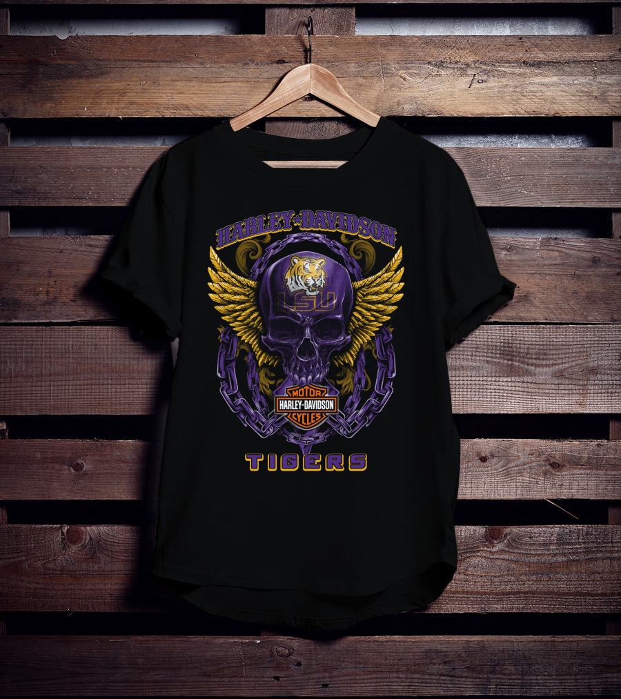 Harley Davidson Lsu Tigers Skull Logo With Wings And Chains T-Shirt