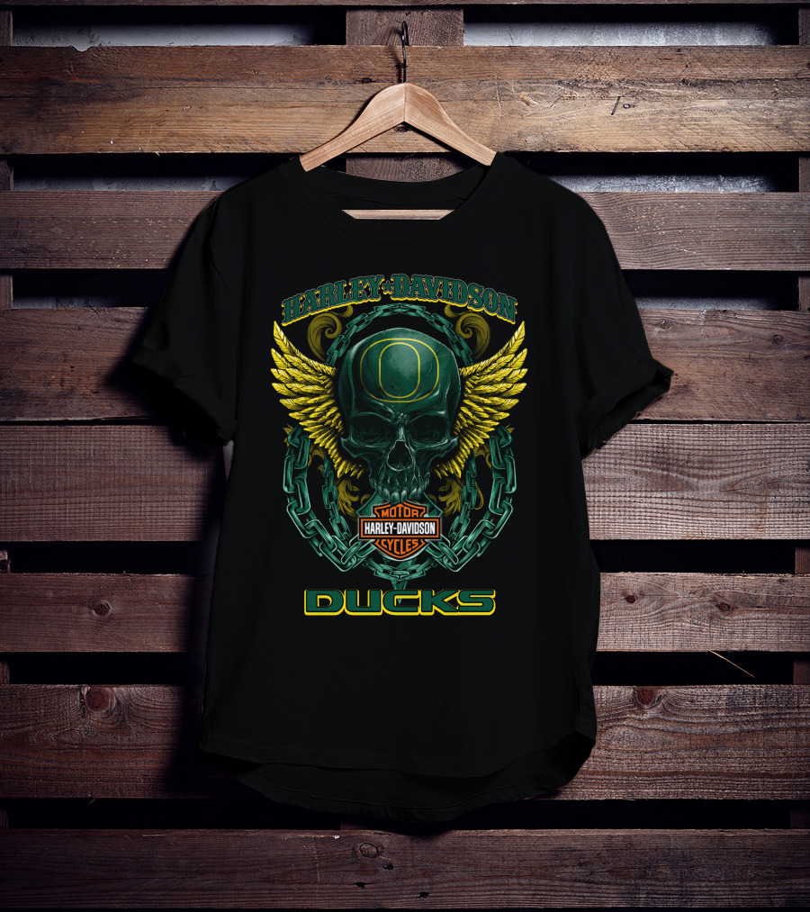 Harley Davidson Motorcycles Oregon Ducks Skull Wing T-Shirt