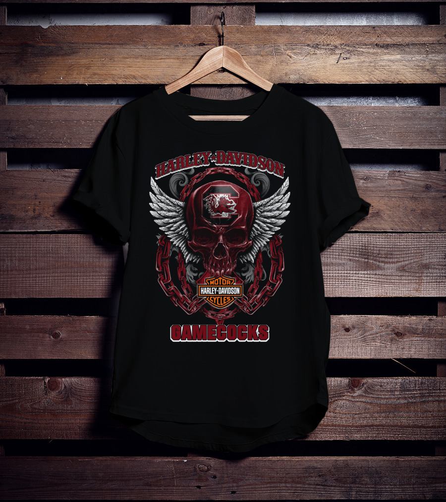 Harley Davidson South Carolina Gamecocks Motorcycles Skull Wings Chains T-Shirt