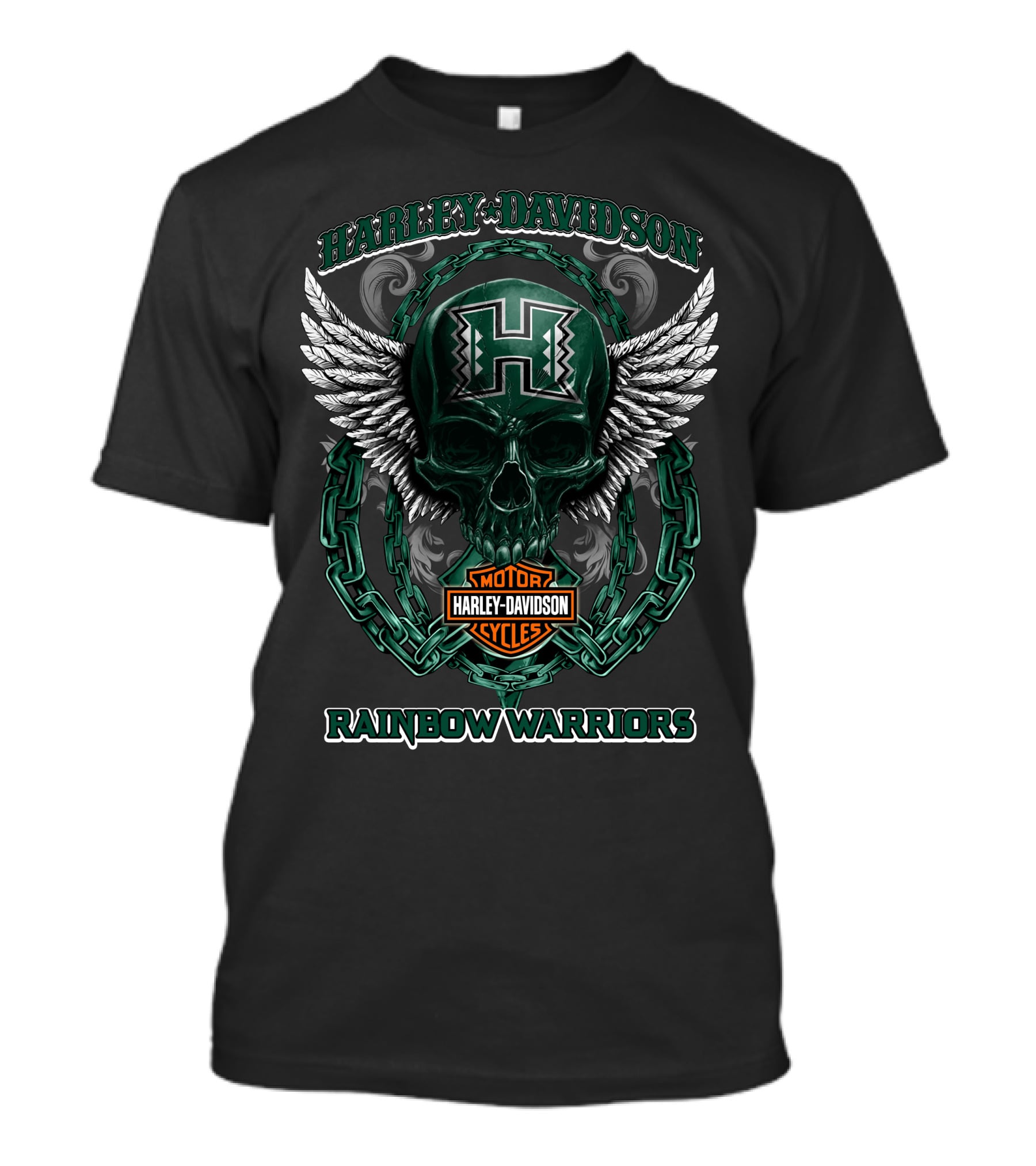 Harley Davidson Motor Cycles Hawaii Rainbow Warriors Skull Wings Chain T-Shirt