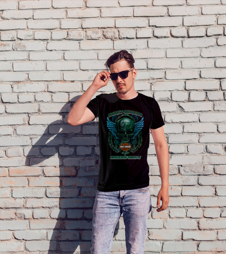 Harley Davidson Motor Cycles Green Wave Skull With Wings And Chains T-Shirt