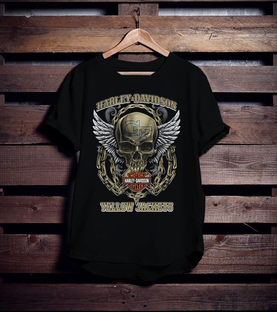 Harley Davidson Georgia Tech Gt Yellow Jackets Skull Wings Chains T-Shirt