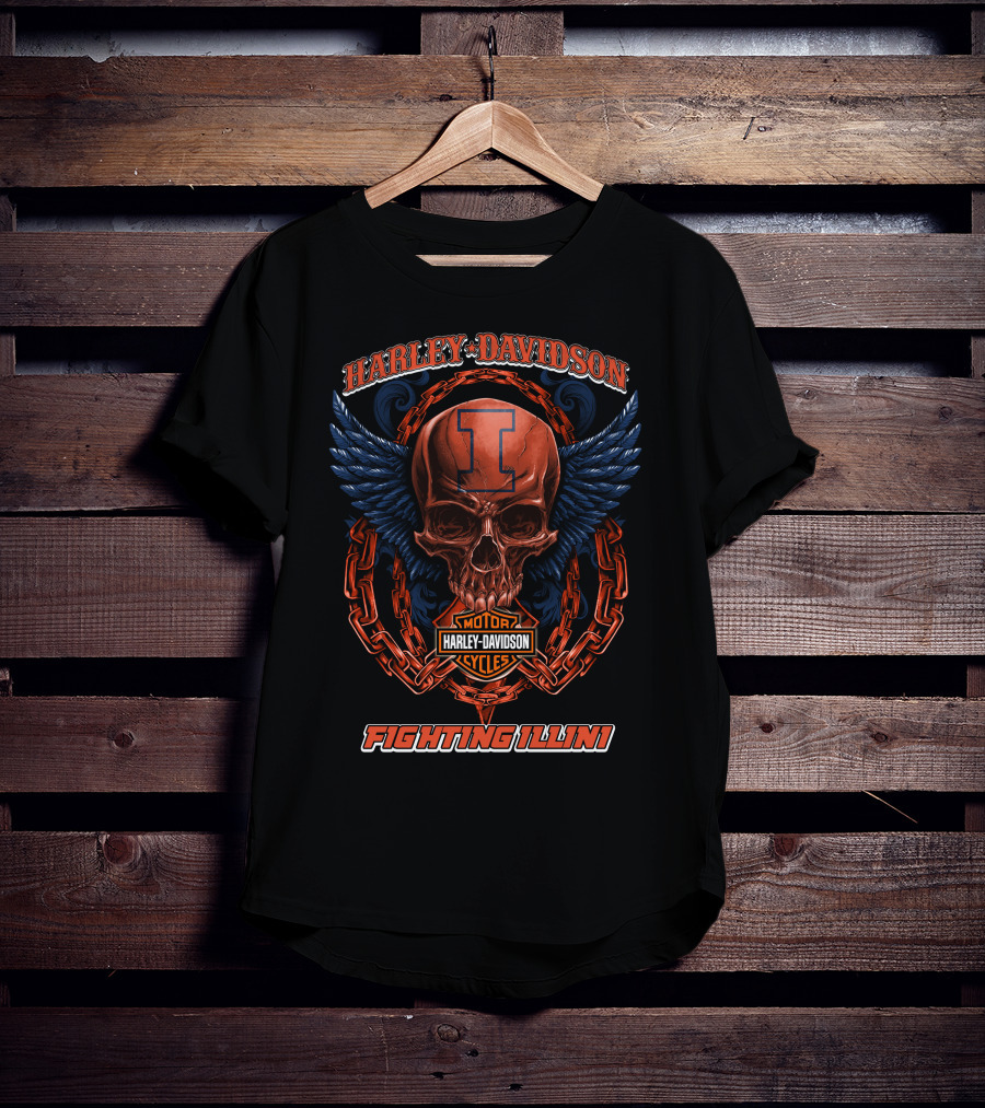 Harley Davidson Motorcycles Illinois Fighting Illini Skull With Wings T-Shirt