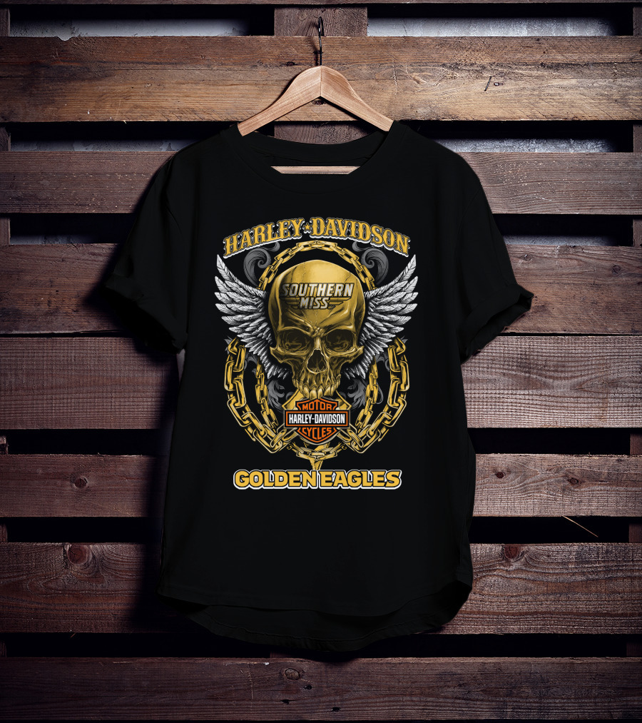 Harley Davidson Southern Miss Golden Eagles Motor Cycles Skull Wings Chains T-Shirt