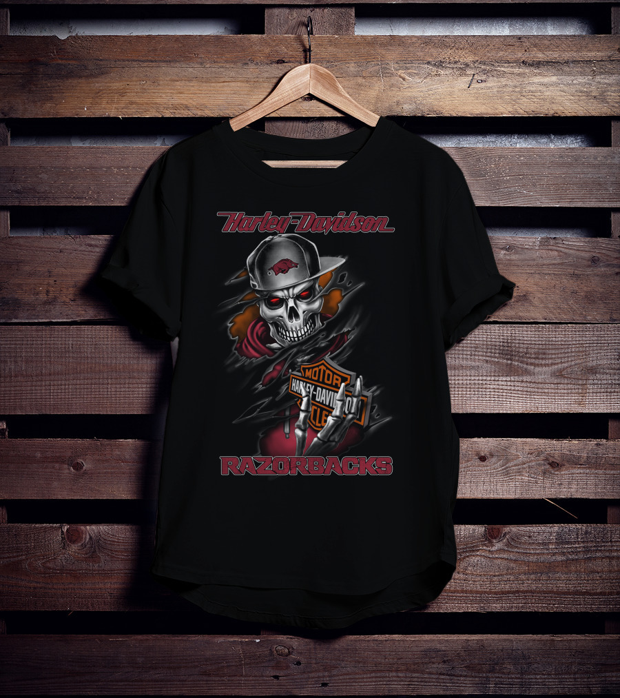 Harley Davidson Razorbacks Skull With Arkansas Hat And Harley T-Shirt
