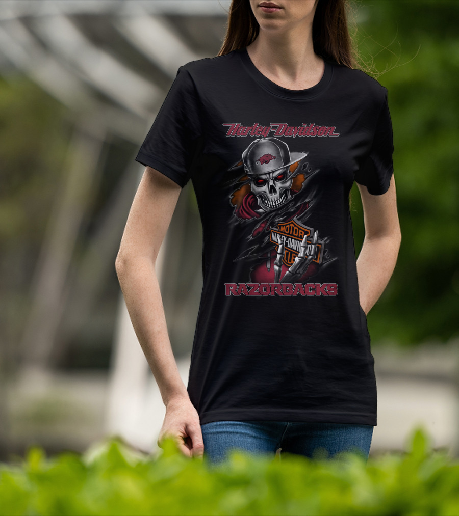 Harley Davidson Razorbacks Skull With Arkansas Hat And Harley T-Shirt