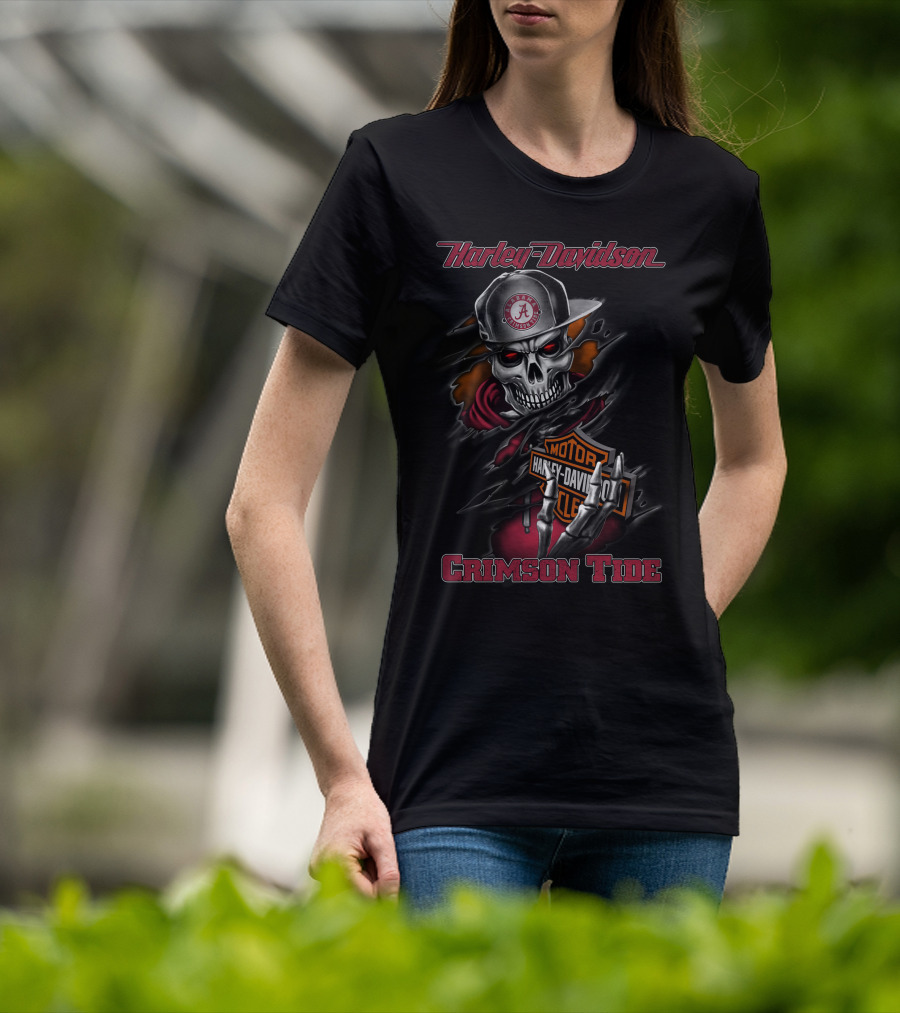 Harley Davidson Alabama Crimson Tide Skulled Rider With Cap And Hoodie T-Shirt