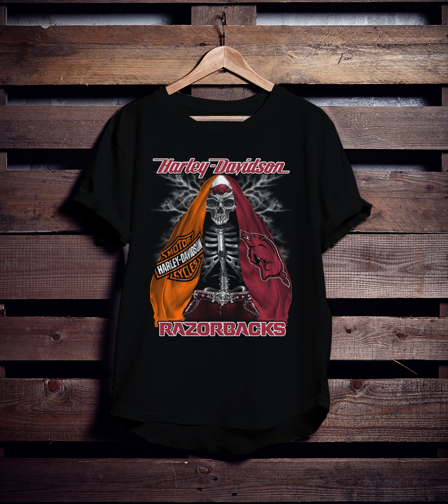 Harley Davidson Razorbacks Motorcycle Skeleton Lightning T-Shirt
