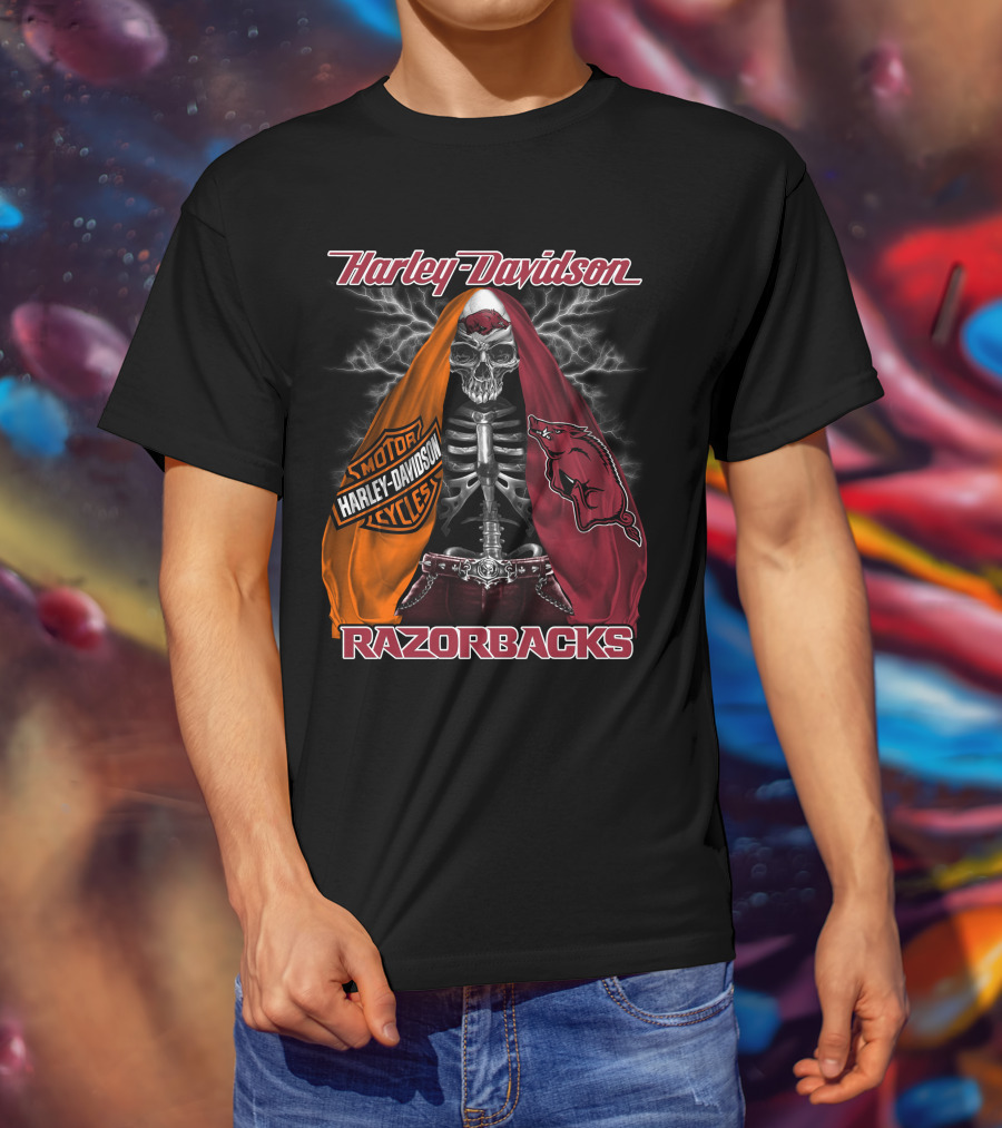 Harley Davidson Razorbacks Motorcycle Skeleton Lightning T-Shirt