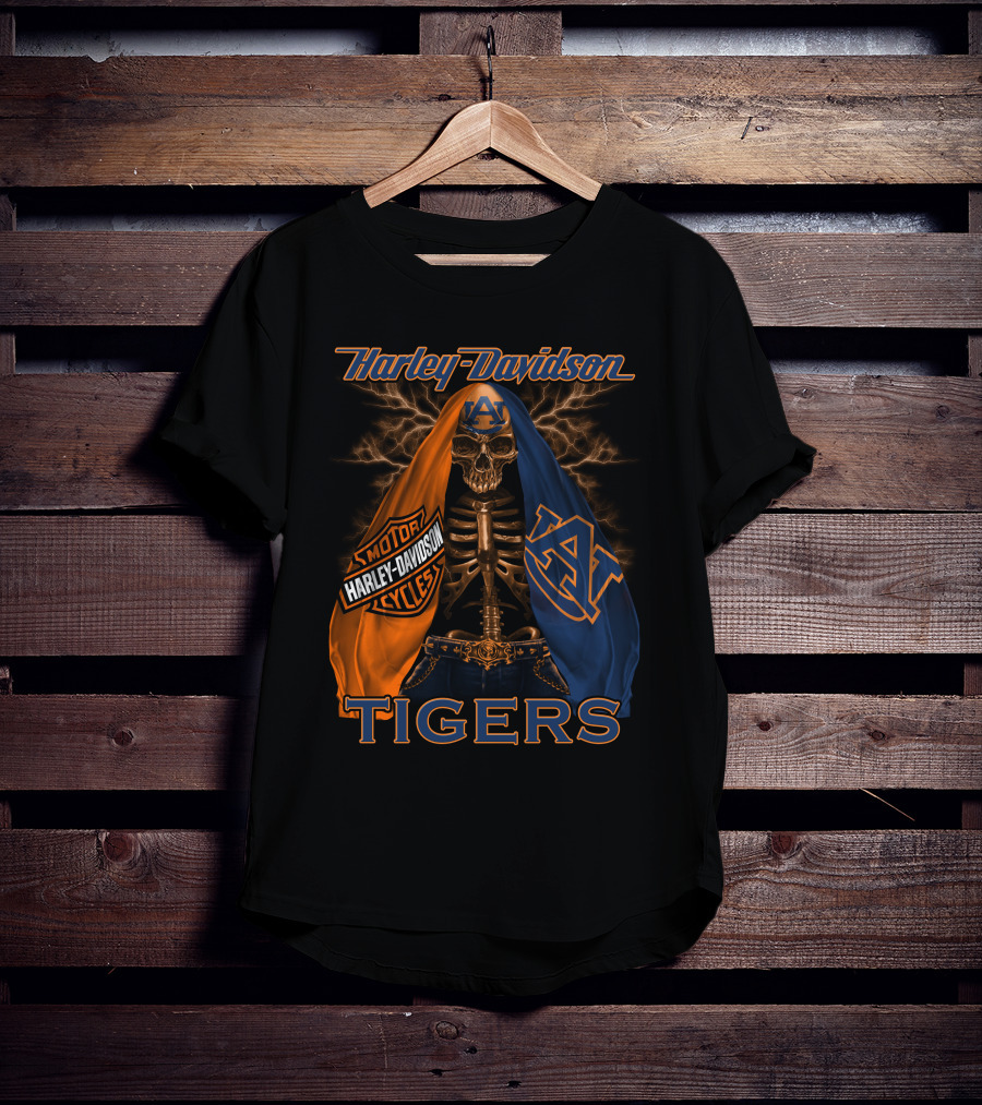 Harley Davidson Auburn Tigers Skeleton Dual Flag T-Shirt